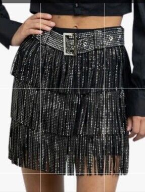 7mango7 - Black Rhinestone Studded Fringe Mini Skirt with Belt